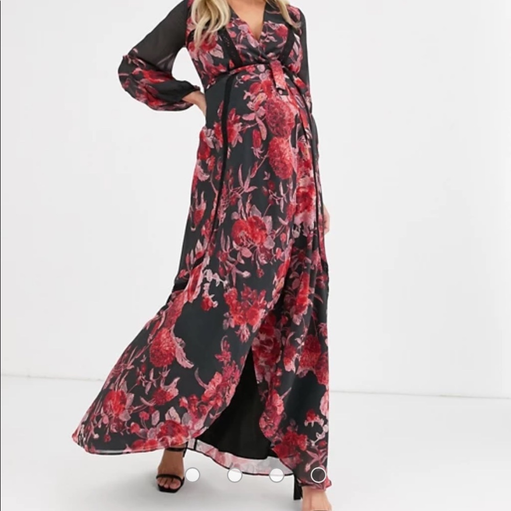 ASOS Maternity Black Maxi Dress with Red Floral Print and V-Neck
